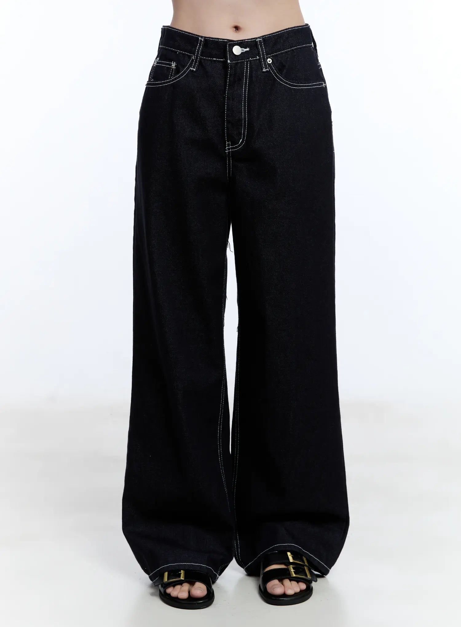 LEWKIN Nayeon No-Fade Denim Jeans CU513 in dark blue, front product shot from waist down, wide-leg cotton denim with white contrast stitching, paired with black buckle sandals.