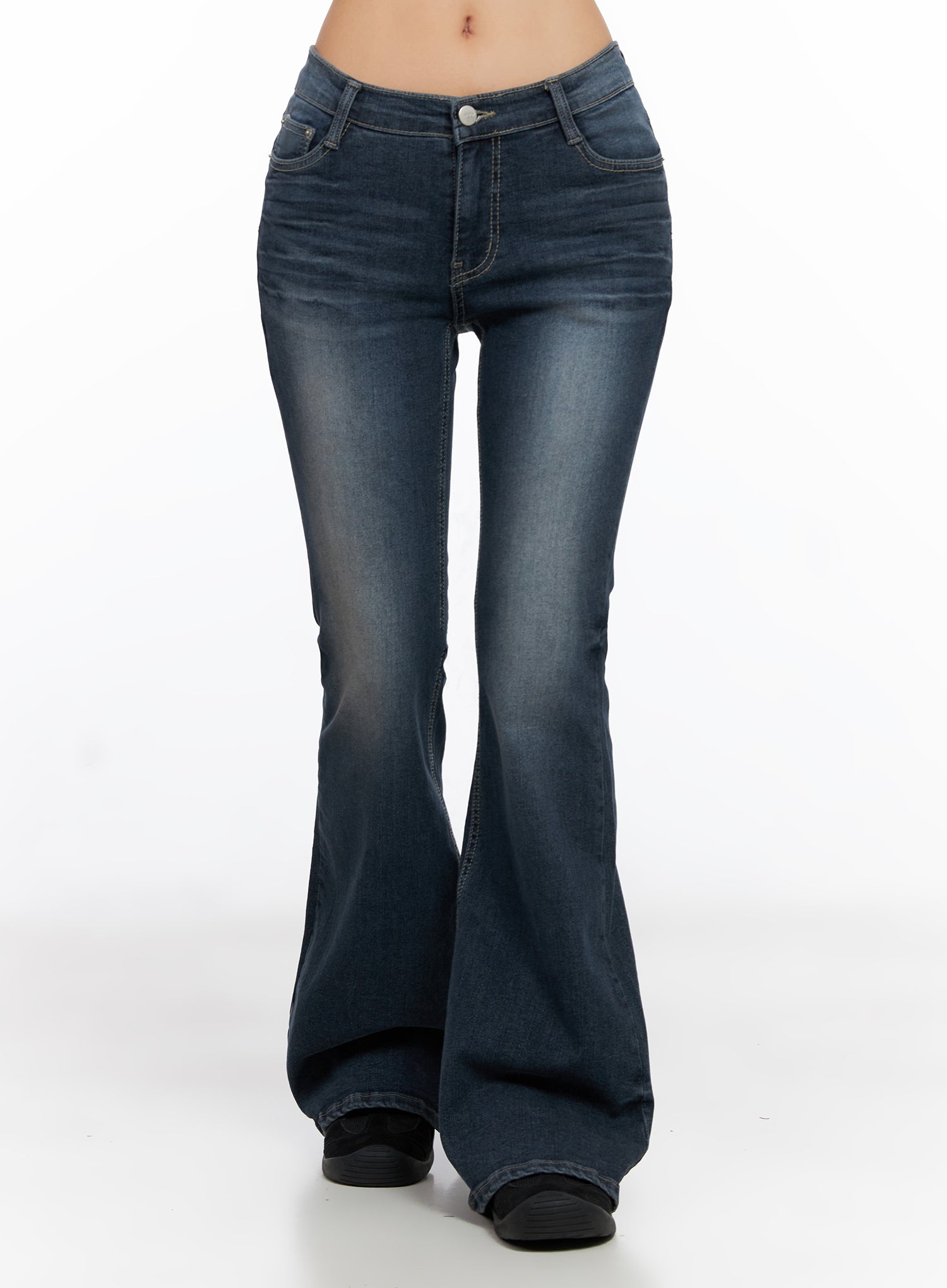 LEWKIN Melina Hip-Pad Low-Rise Flare Jeans CO514 in dark blue, front product shot cropped at waist, slim-fit flare silhouette with washed cotton-spandex denim and contrast stitching.