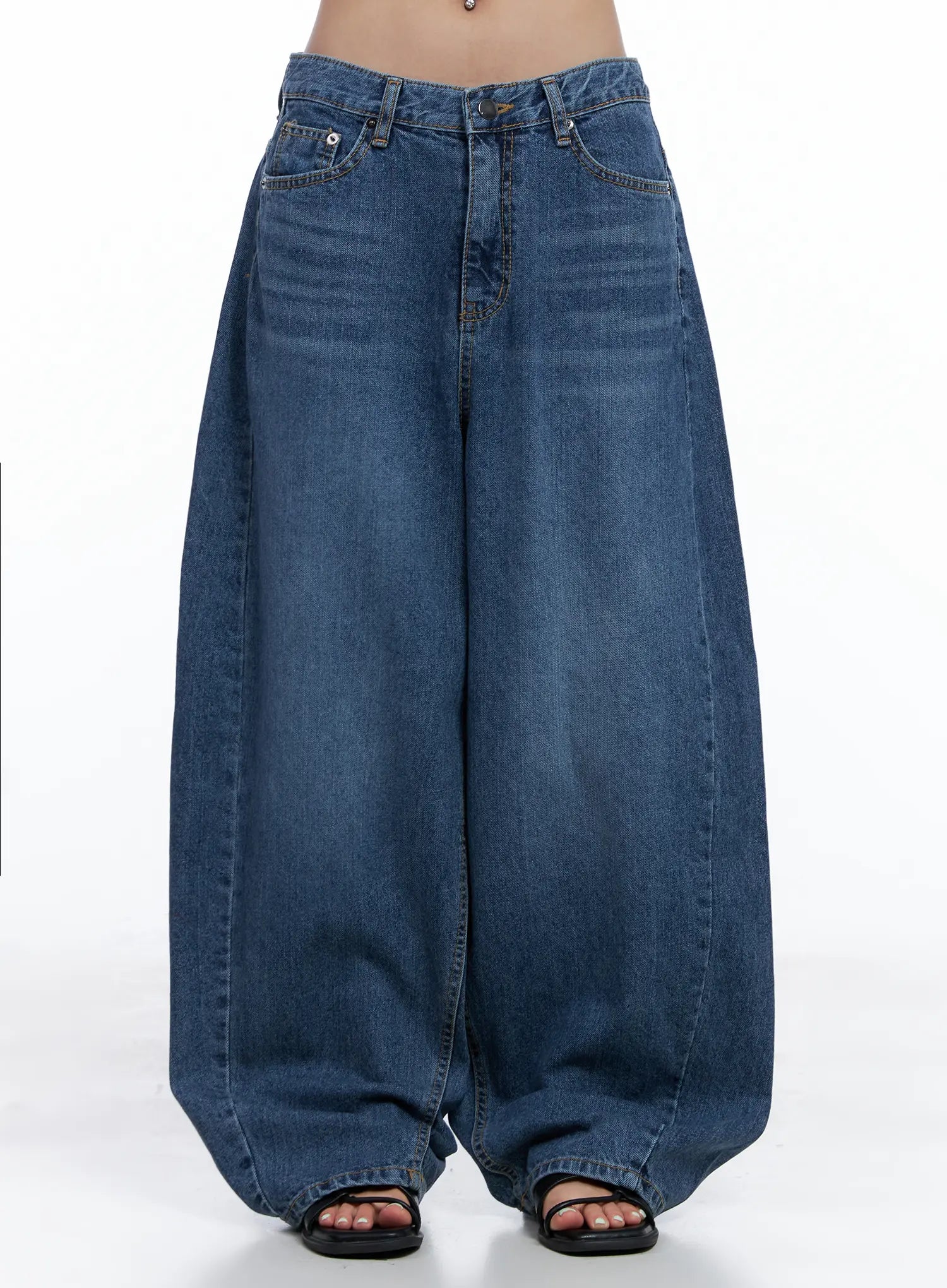 LEWKIN Shuhua Washed Wide-Leg Denim Jeans CL510 in dark blue, front product shot on model, balloon-style ultra-wide cotton leg, low rise, contrast stitch, with black strappy sandals.