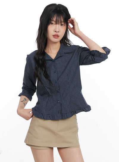 ruffled-gingham-3-4-shirt-co507 / Dark blue