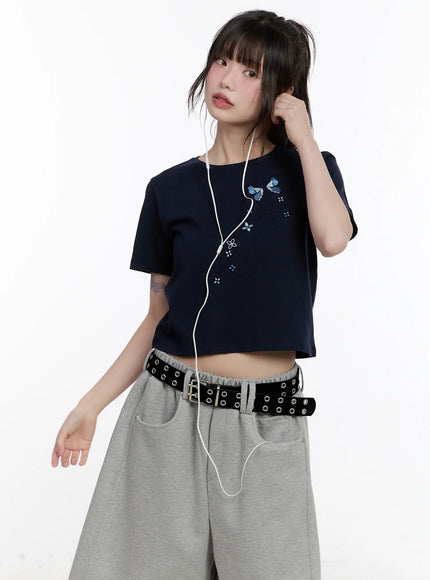 embroidered-butterfly-baby-crop-tee-cl507 / Dark blue