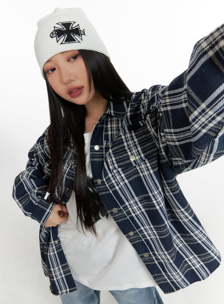 unisex-plaid-flannel-shirt-cm418 / Dark blue