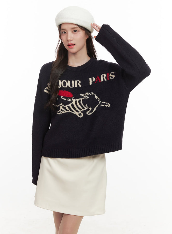 paris-puppy-graphic-sweater-cj515 / Dark blue