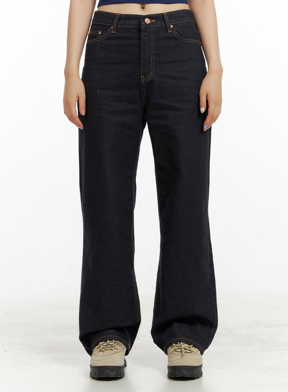 LEWKIN Indigo Stitched Straight Jeans CU424 in dark blue, front crop shot on model, straight fit cotton denim with contrast topstitching, paired with chunky sneakers.