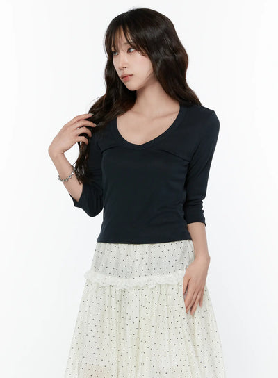 slim-fit-v-neck-quarter-sleeve-top-cy515 / Dark blue