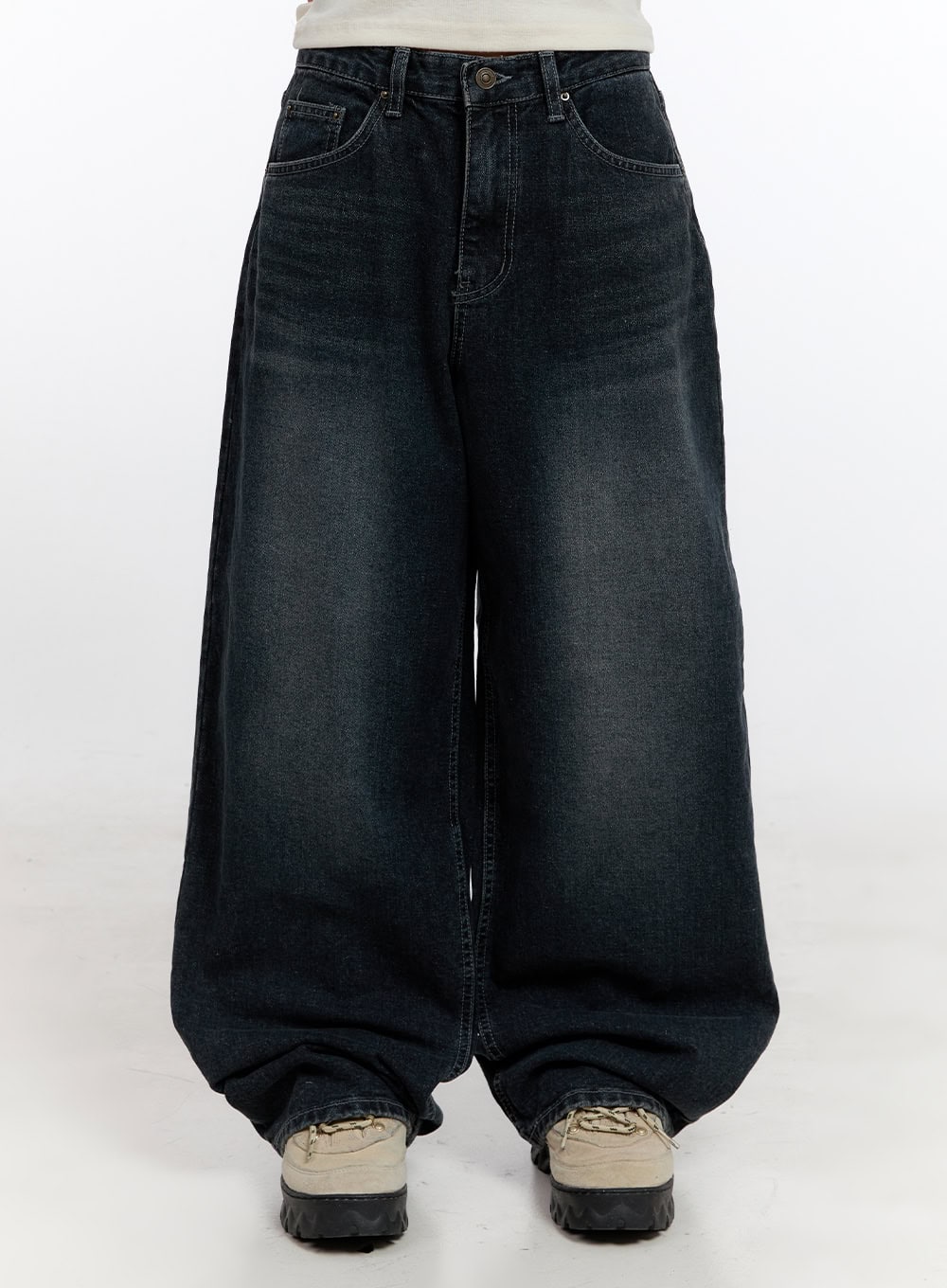 LEWKIN Camila Washed Cotton Jeans CN422 in dark blue, front product shot on model, oversize baggy wide-leg denim with washed fading, five-pocket styling, paired with chunky sneakers.