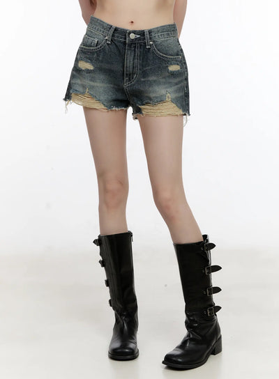 distressed-vintage-wash-denim-shorts-cl507 / Dark blue