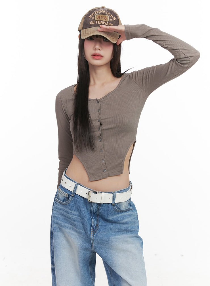 buttoned-long-sleeve-crop-top-cj524 / Dark brown