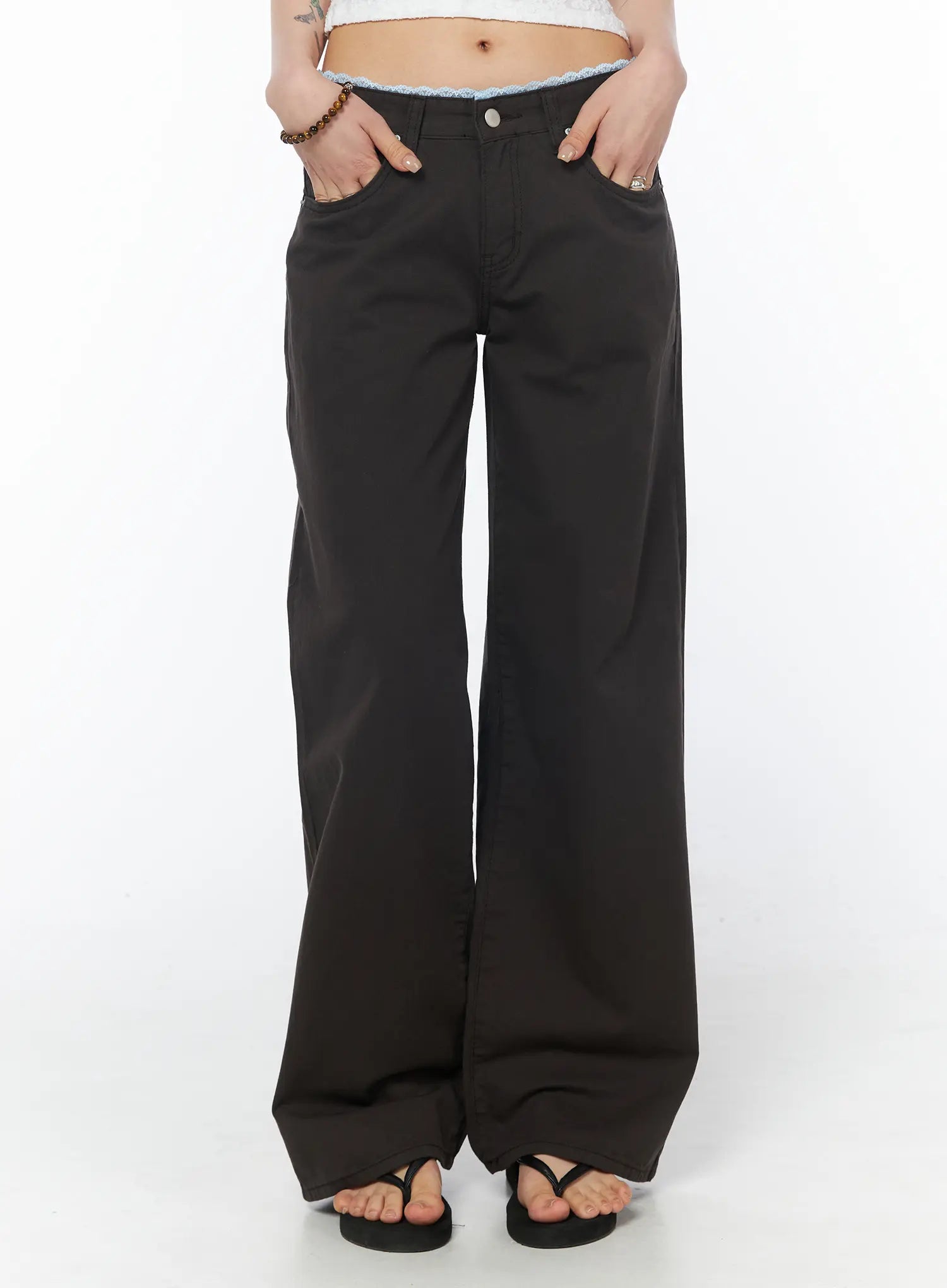 lace-trim-cotton-pants-cy528 / Dark brown