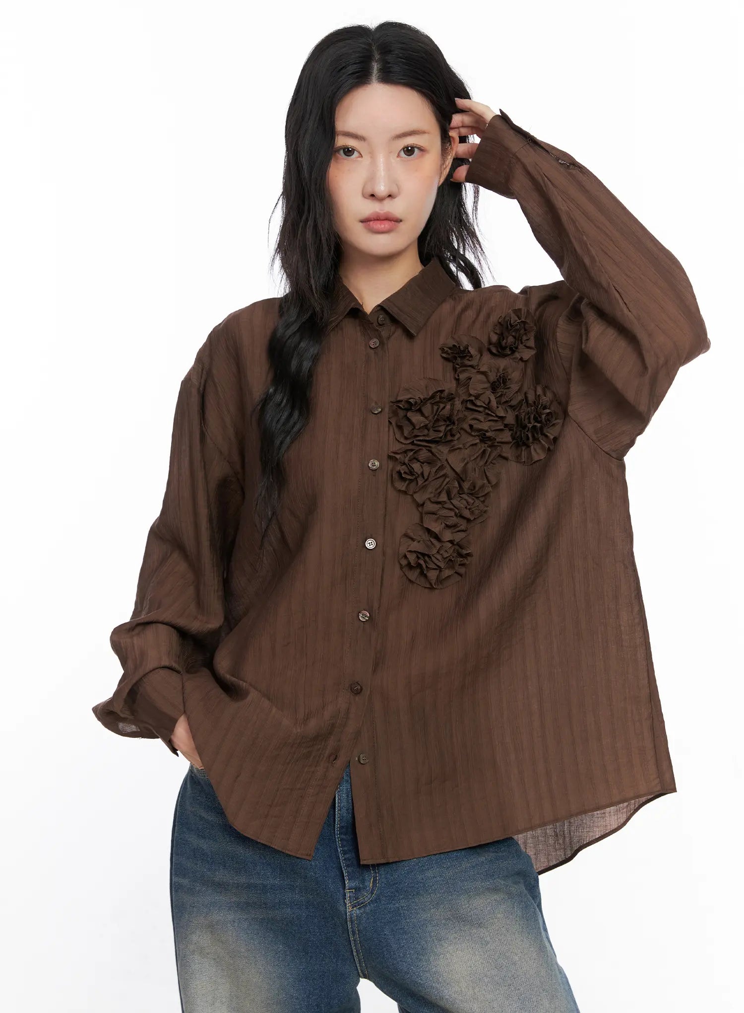 oversized-floral-frill-chiffon-blouse-co507 / Dark brown
