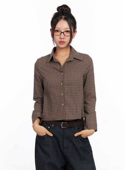 slim-fit-plaid-long-sleeve-shirt-co515 / Brown