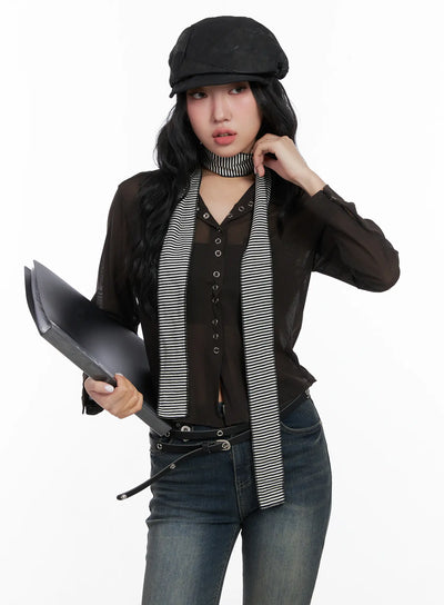 sheer-button-up-collar-blouse-cn514 / Brown