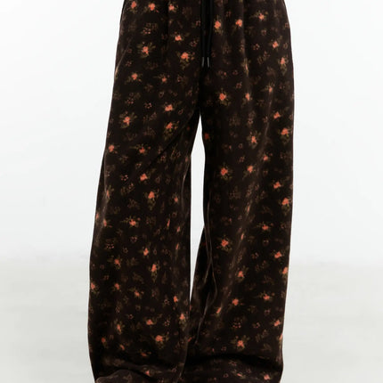 floral-fleece-wide-leg-pants-cd514 / Dark brown