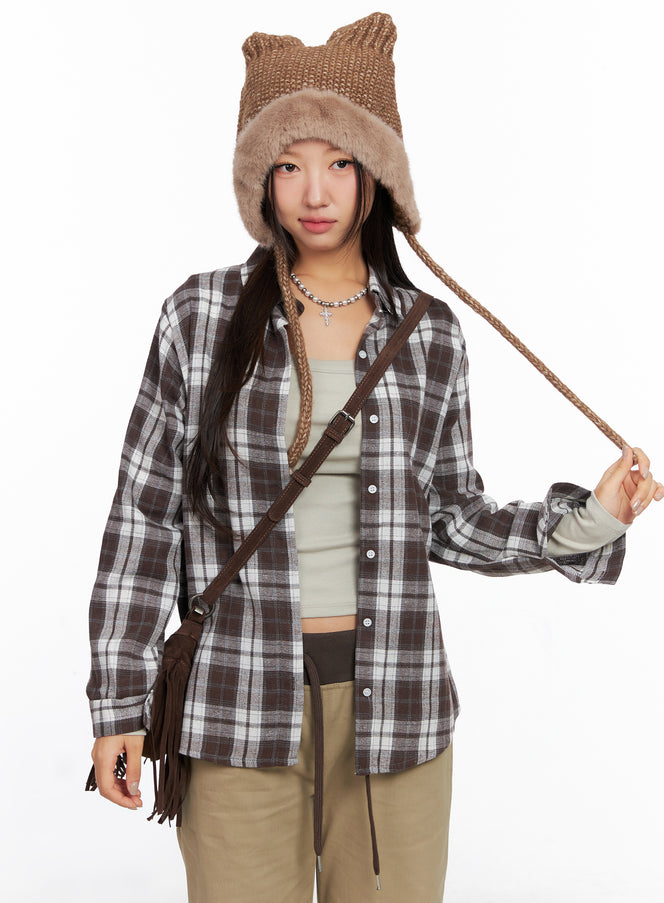 oversized-plaid-long-sleeve-flannel-shirt-co515 / Dark brown