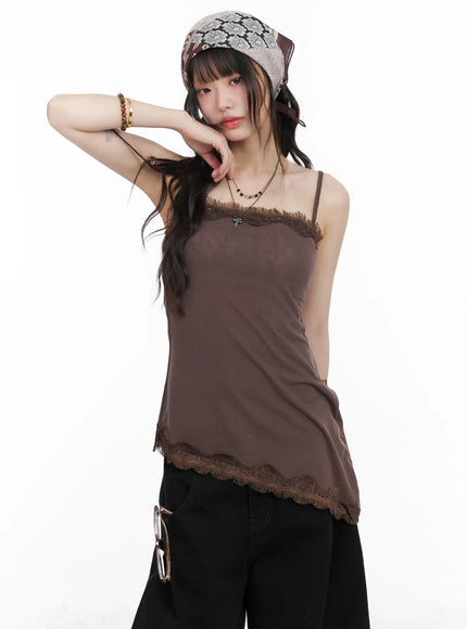 asymmetric-lace-trim-cami-top-cm526 / Dark brown