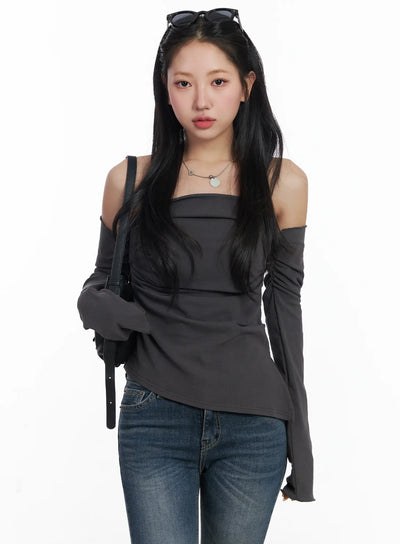 elegant-off-shoulder-shirred-top-cj515 / Dark gray