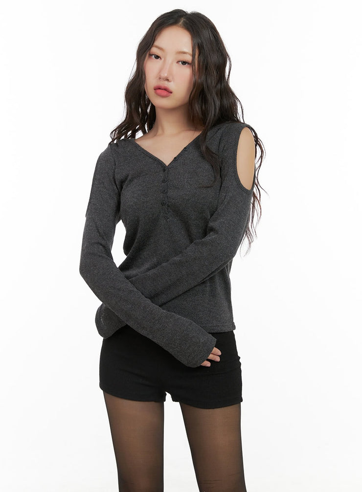 cut-out-shoulder-hooded-long-sleeve-top-cg422 / Dark gray