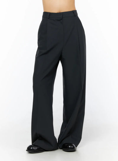 LEWKIN Basic Pintuck Wide Slacks CU522 in dark gray, front-angle view on model, high-waist tailored wide-leg silhouette with pintuck seams, paired with black loafers.