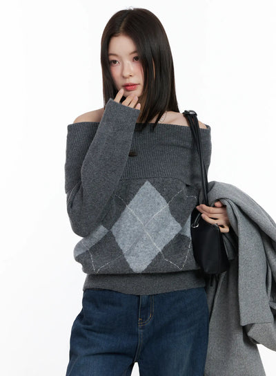 argyle-off-shoulder-knit-sweater-cn518 / Dark gray