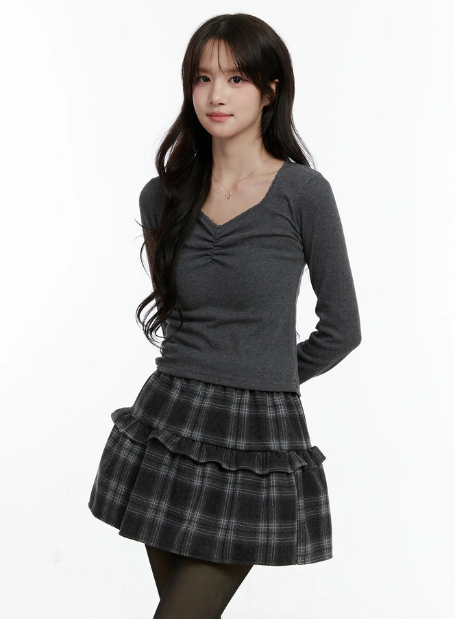 slim-fit-shirred-long-sleeve-top-cd514 / Dark gray