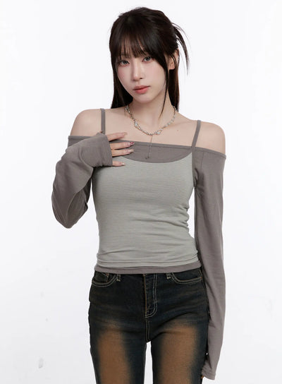 off-shoulder-layered-long-sleeve-top-co501 / Dark gray