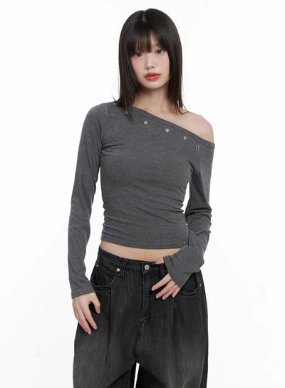 asymmetrical-eyelet-long-sleeve-top-cg519 / Dark gray