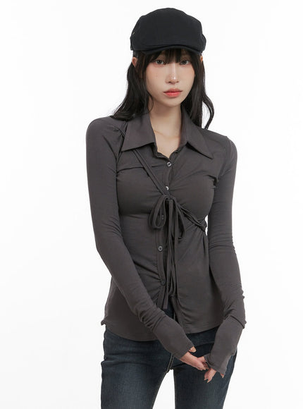 long-sleeve-slim-tie-collar-top-cg421 / Dark gray