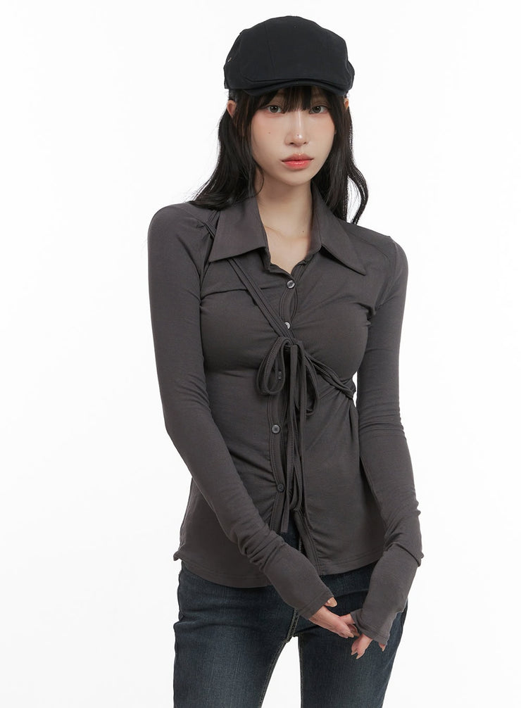 long-sleeve-slim-tie-collar-top-cg421 / Dark gray