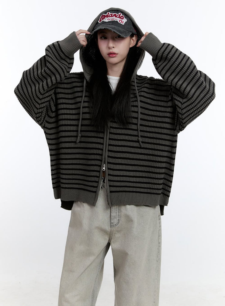 striped-zip-up-hooded-knit-jacket-cj520 / Dark gray