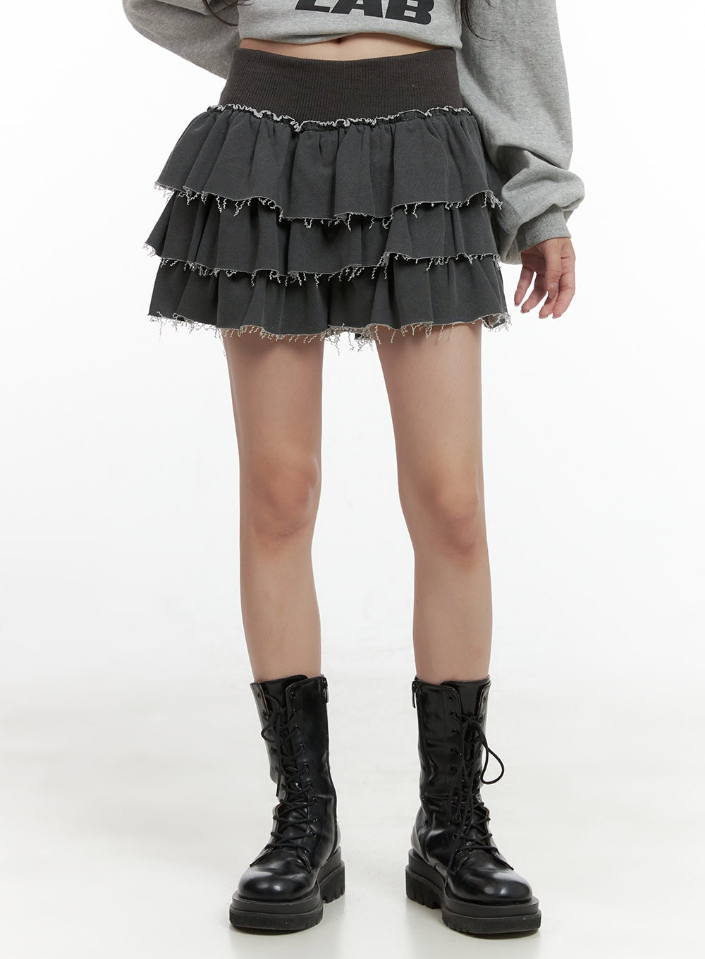 distressed-layered-frill-mini-skirt-cg421 / Dark gray