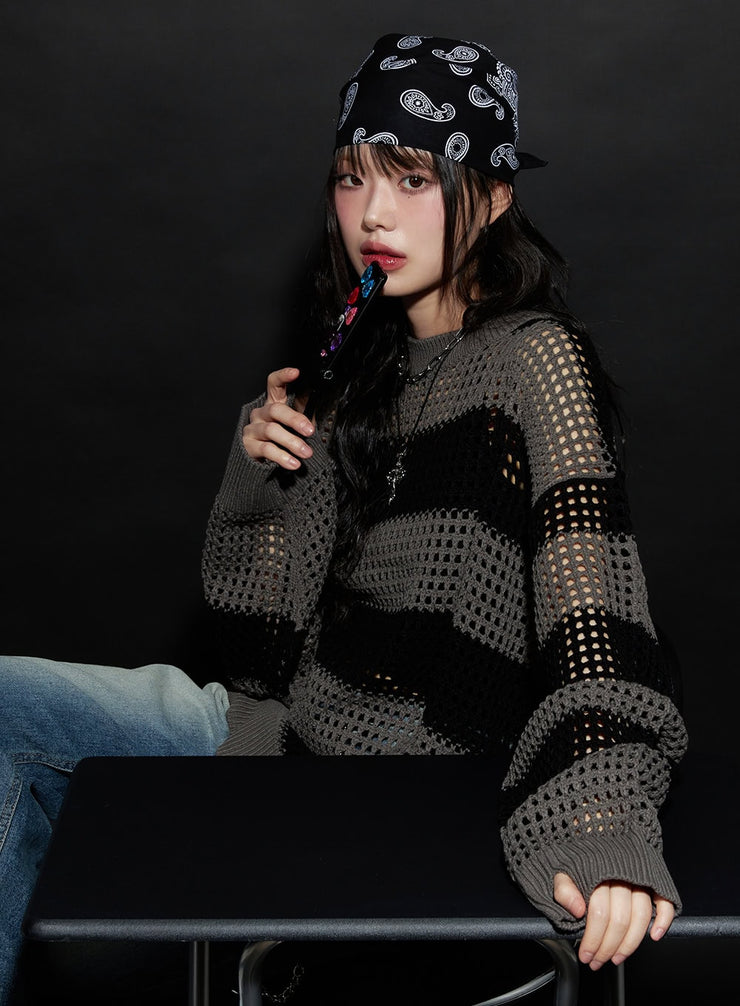 chic-striped-mesh-sweater-cj524 / Dark gray