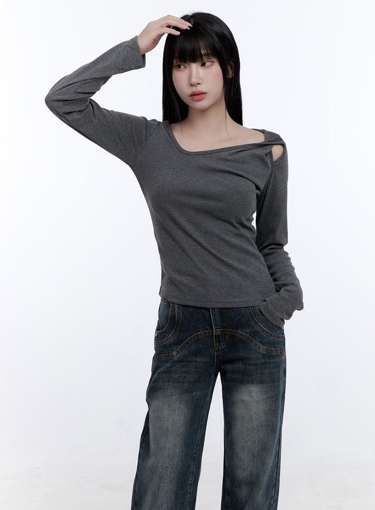 unbalanced-cut-out-long-sleeve-top-cd420 / Dark gray