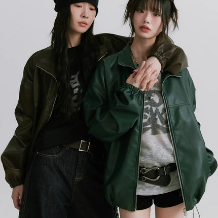 oversized-faux-leather-jacket-cn511 / Dark green