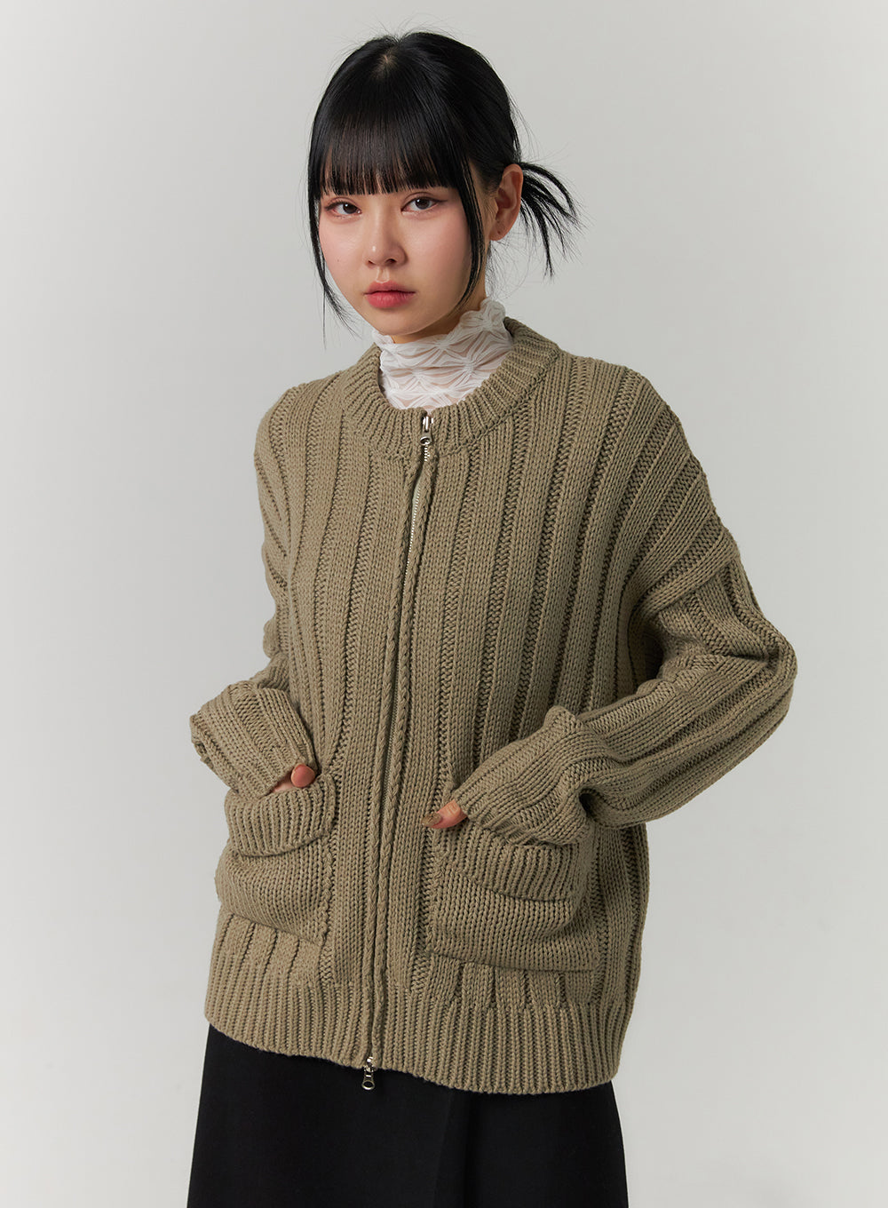 ribbed-pocket-zip-up-knit-sweater-cj422 / Dark green