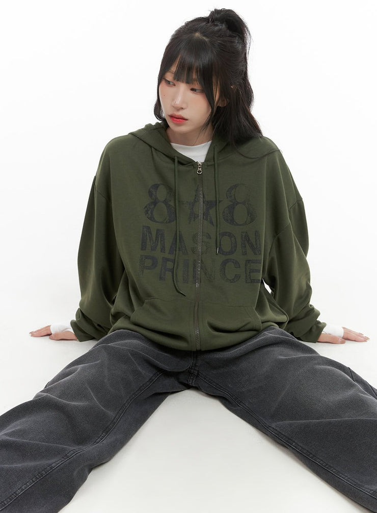 oversized-lettering-zip-up-sweat-hoodie-cg421 / Dark green