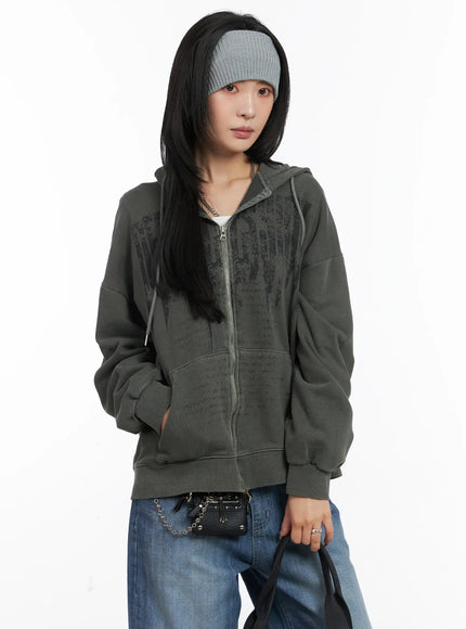 oversized-pigment-print-zip-up-hoodie-cd505 / Dark green