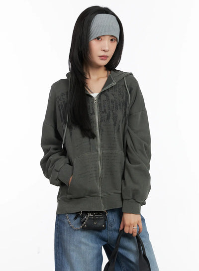 oversized-pigment-print-zip-up-hoodie-cd505 / Dark green