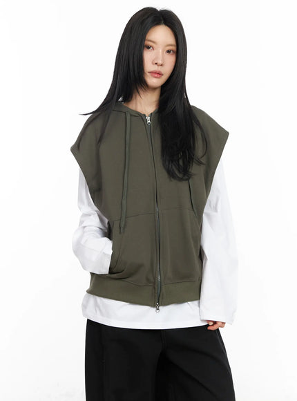 oversized-hooded-zip-up-vest-cm516 / Dark green