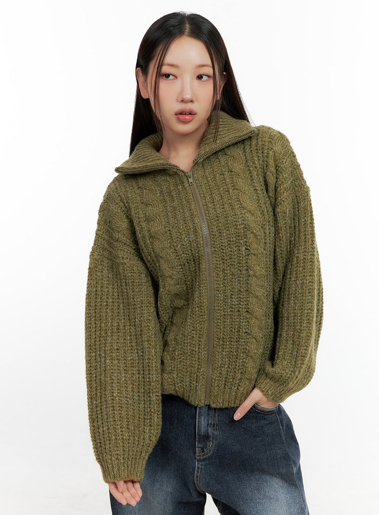 high-neck-cable-knit-zip-up-sweater-cn401 / Dark green