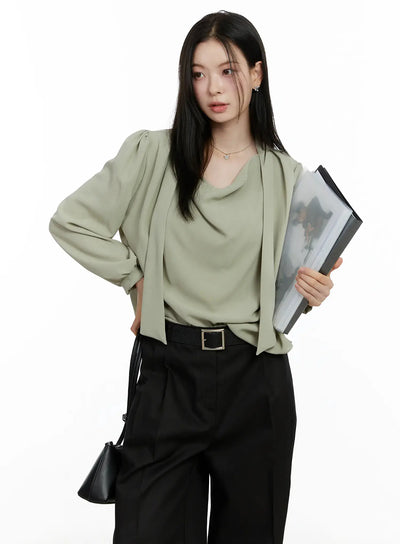 elegant-draped-long-sleeve-blouse-f502 / Dark green
