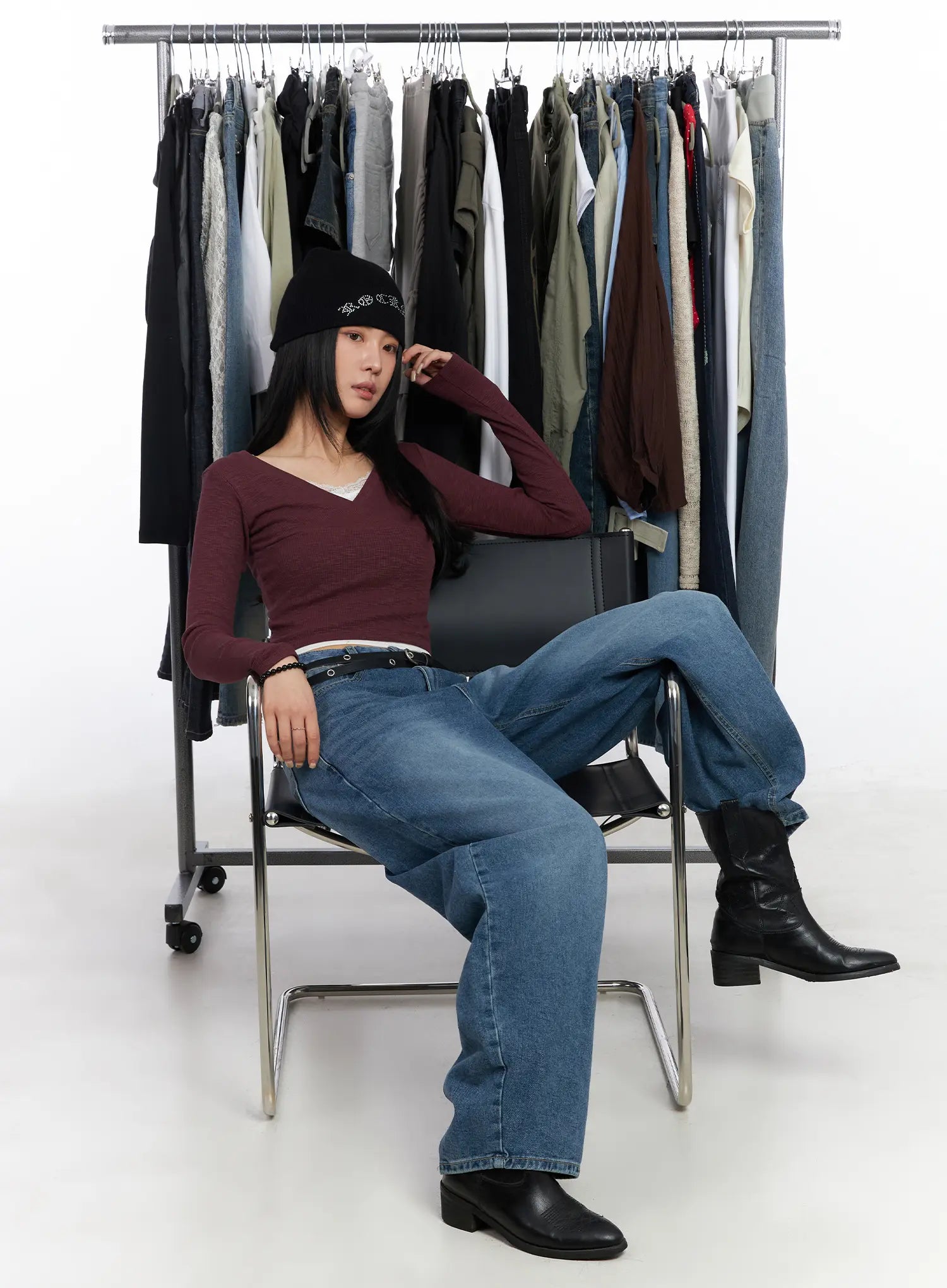 v-neck-long-sleeve-crop-top-cm516 / Dark purple