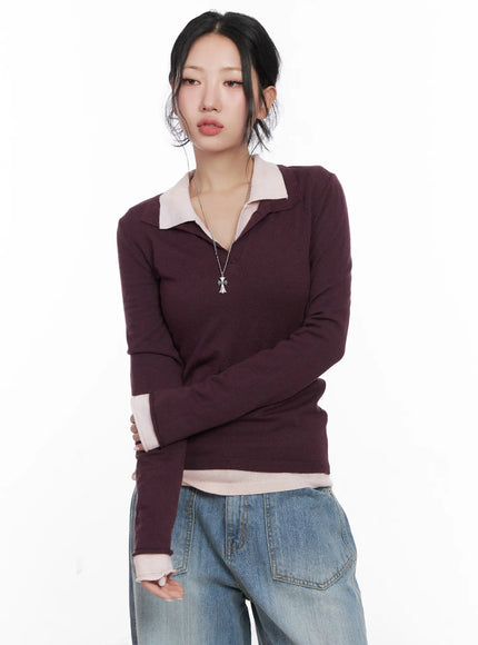 v-neck-collar-long-sleeve-top-cn514 / Dark purple