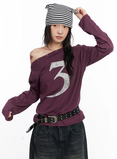 eyelet-graphic-off-shoulder-top-co507 / Dark purple