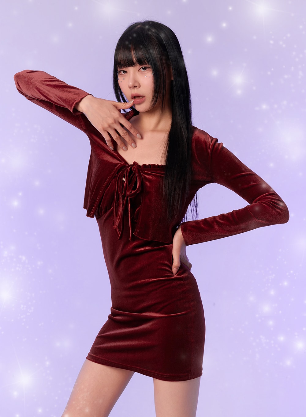 velvet-mini-dress-and-cardigan-set-in301 / Dark red