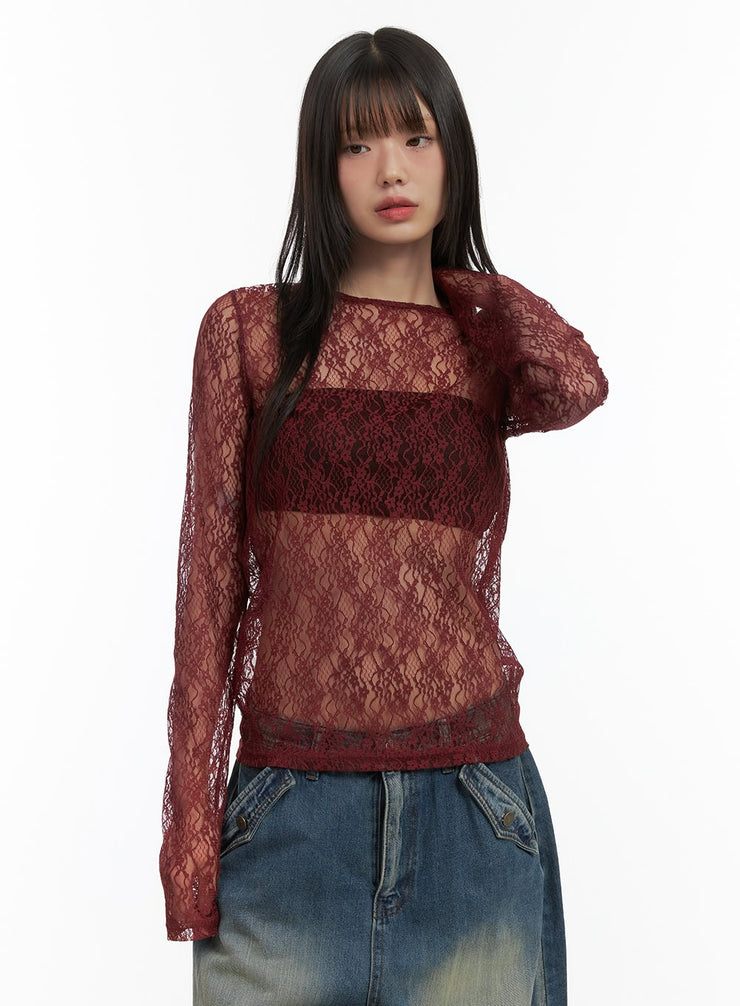 lace-sheer-long-sleeve-top-co410 / Dark red