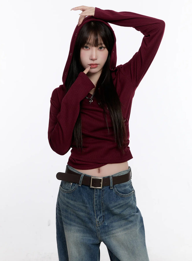 snap-button-long-sleeve-hooded-top-cs530 / Dark red