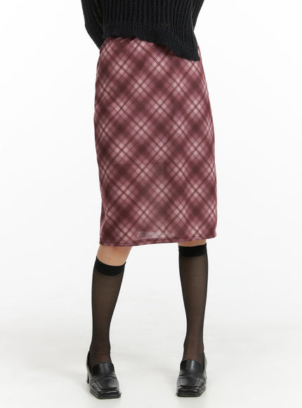 middle-waist-checkered-midi-skirt-cm413 / Dark red