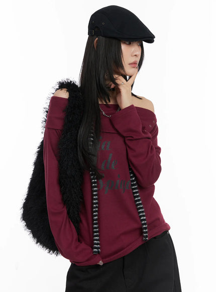 off-shoulder-graphic-button-long-sleeve-top-cd508 / Dark red