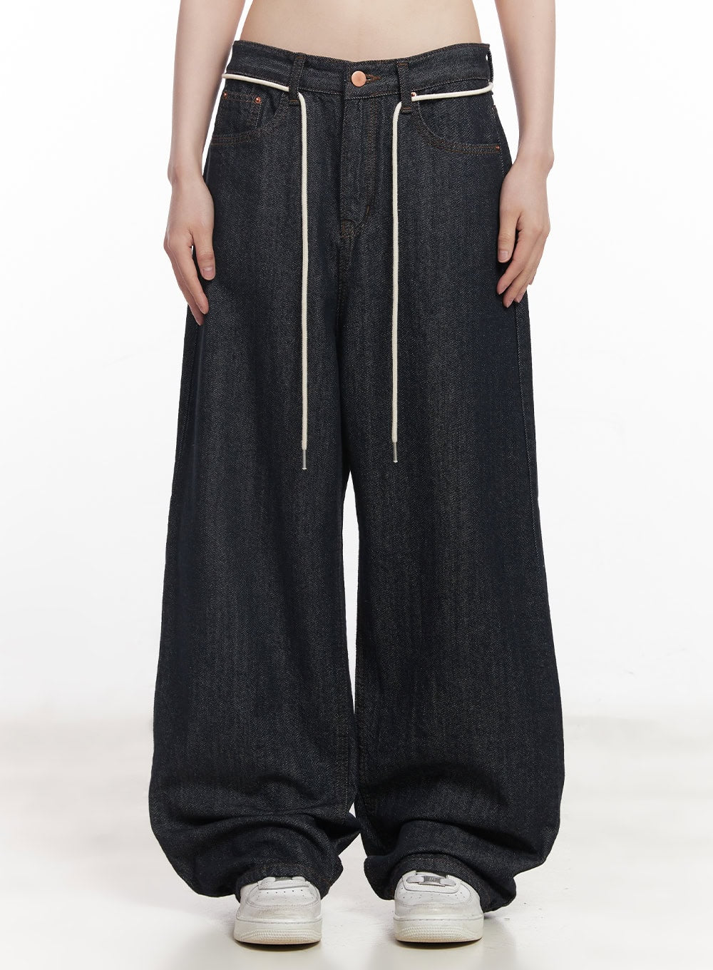 LEWKIN Kirsten String Wide-Leg Summer Denim Jeans IM528 in dark blue, front view on model, oversized wide-leg cotton denim with cream drawstring detail at waist, paired with white sneakers.