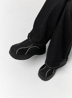 Faux Leather Platform Mules CS314 in black, angled close-up worn on model, chunky platform sole and white contrast piping detail, paired with black wide-leg jeans.